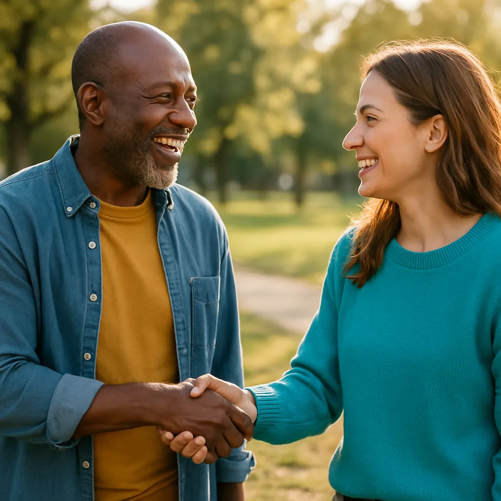 Two people meeting at a local park — genuinely local Hertfordshire dating