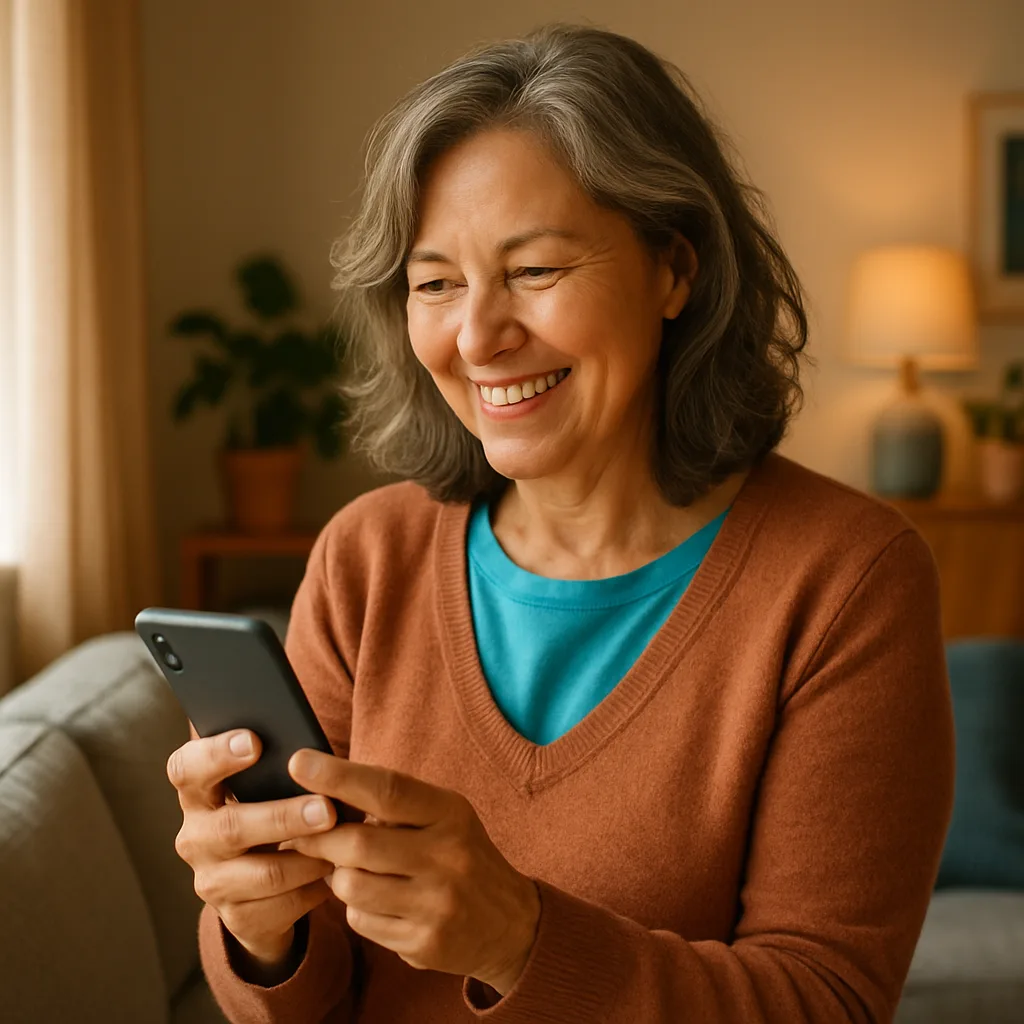 Smiling woman confidently checking her phone — verified profiles on The Hertfordshire Dating Site